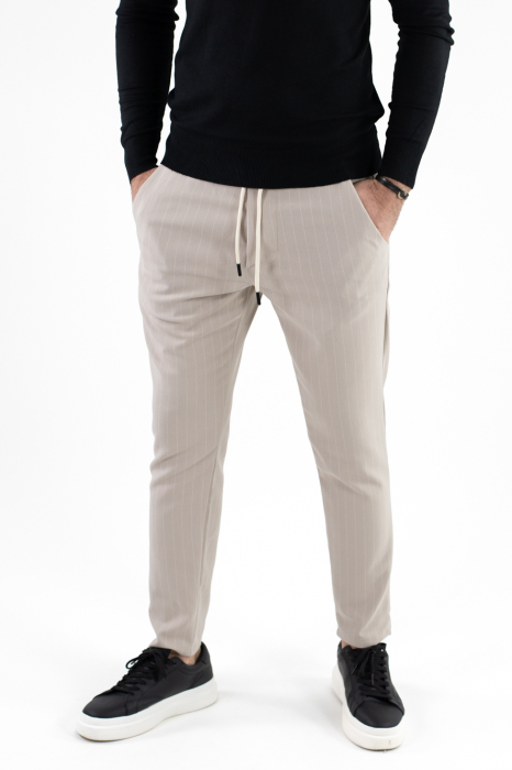 Pantaloni Crem Barbati Casual Cu Dungi Albe MAXWEAR