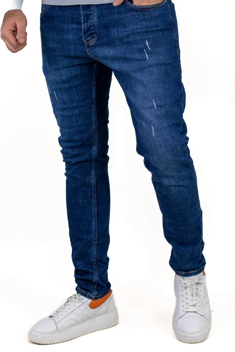 Blugi bărbați regular fit albastru prespălat – design cu zgârieturi [3]