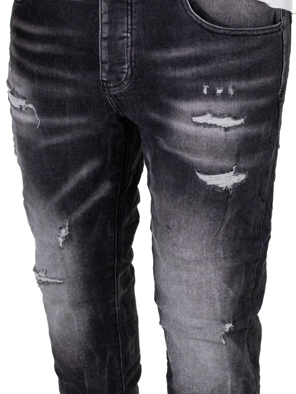 Blugi barbati din denim negru prespalat, cu rupturi acoperite [8]