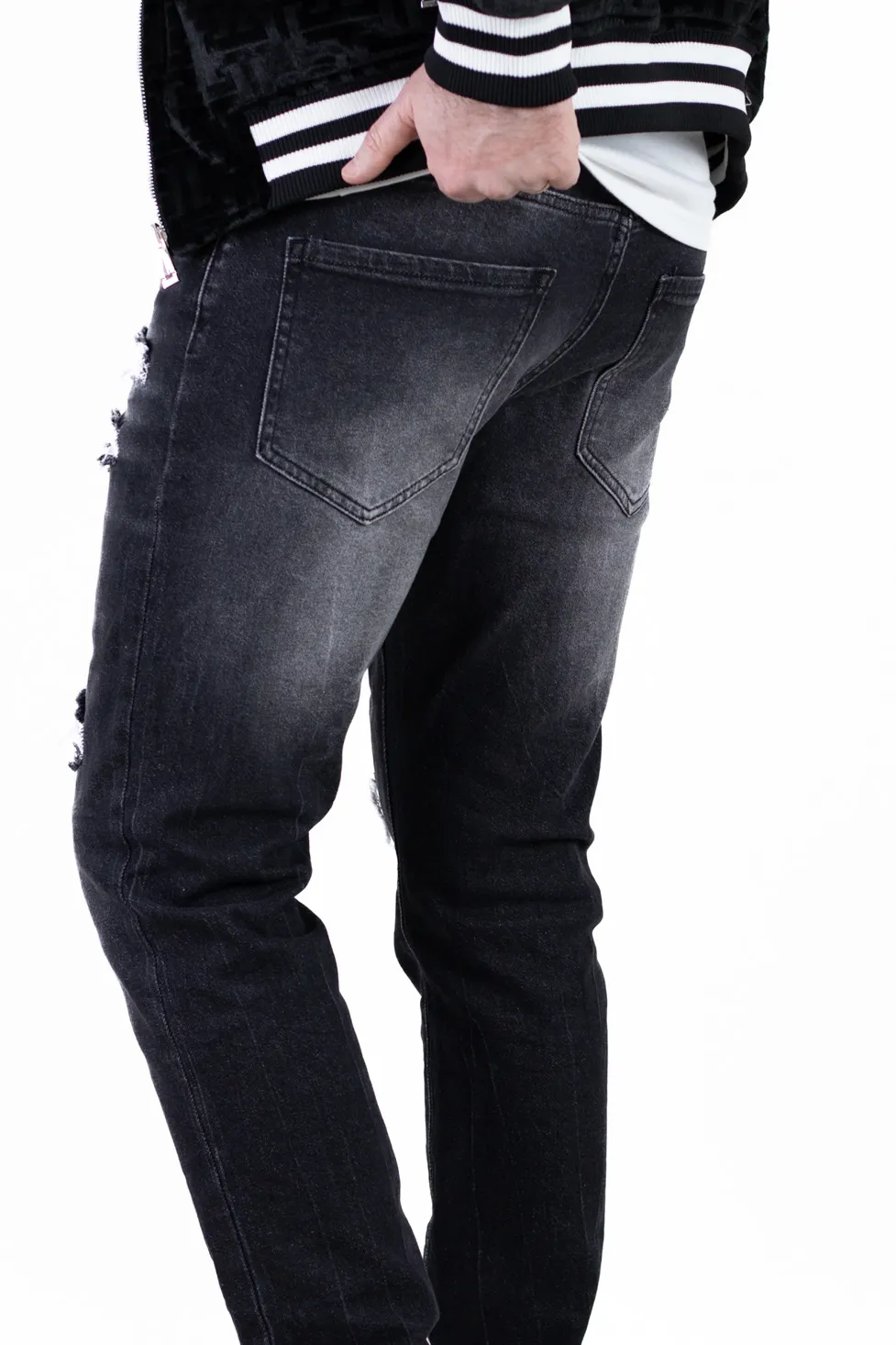 Blugi barbati din denim negru prespalat, cu rupturi acoperite [4]