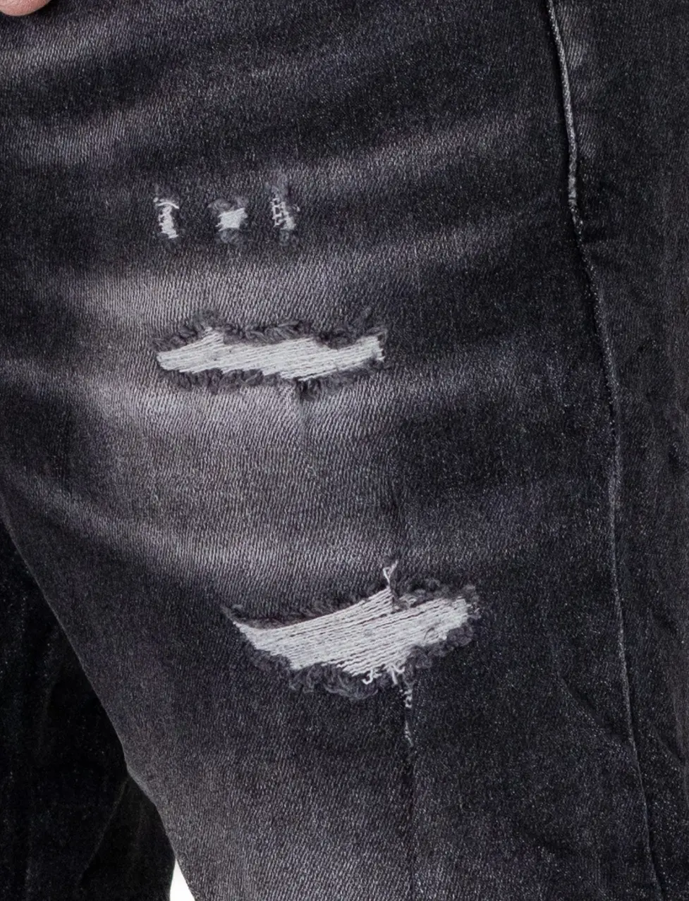 Blugi barbati din denim negru prespalat, cu rupturi acoperite [3]