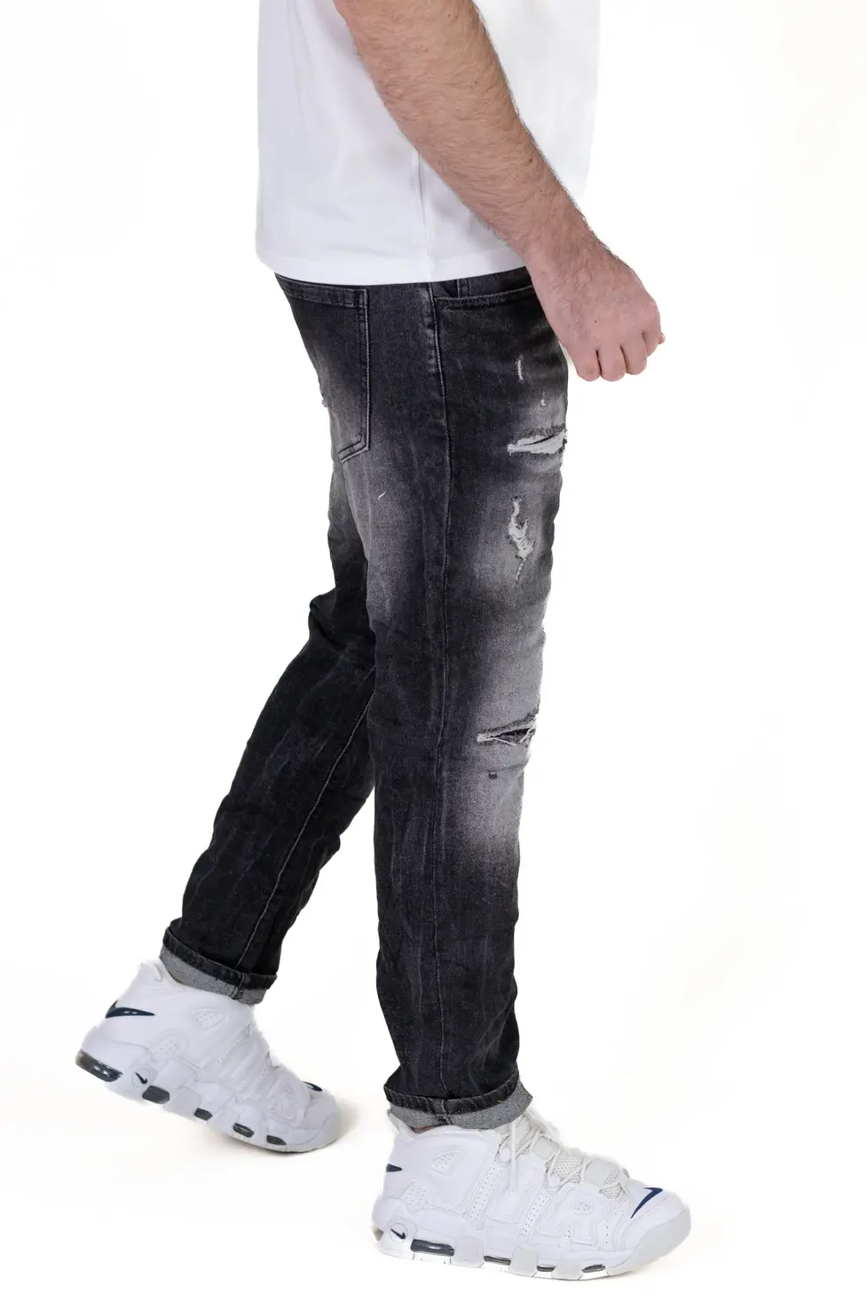 Blugi barbati din denim negru prespalat, cu rupturi acoperite [6]