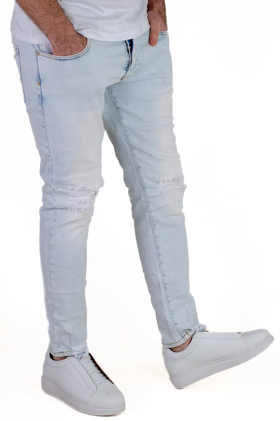 Blugi Bărbați Slim Fit Albastru Deschis (Ice Blue) cu Rupturi și Elastan [2]