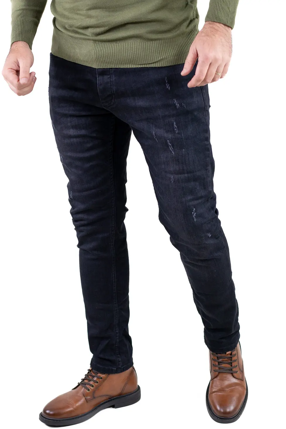 Blugi bărbați regular fit negru prespălat – design cu zgârieturi [1]