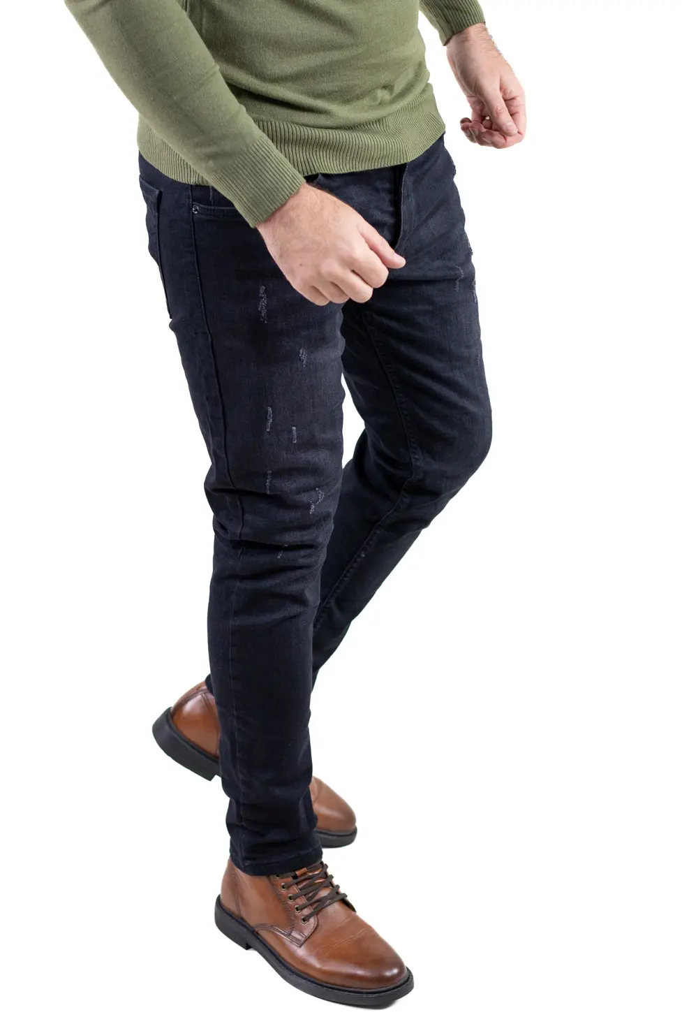 Blugi bărbați regular fit negru prespălat – design cu zgârieturi [2]