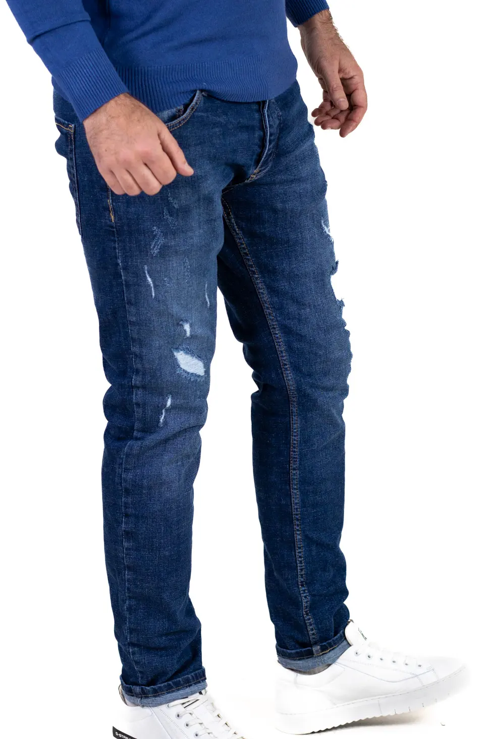 Blugi bărbați regular fit albastru cu rupturi acoperite [3]