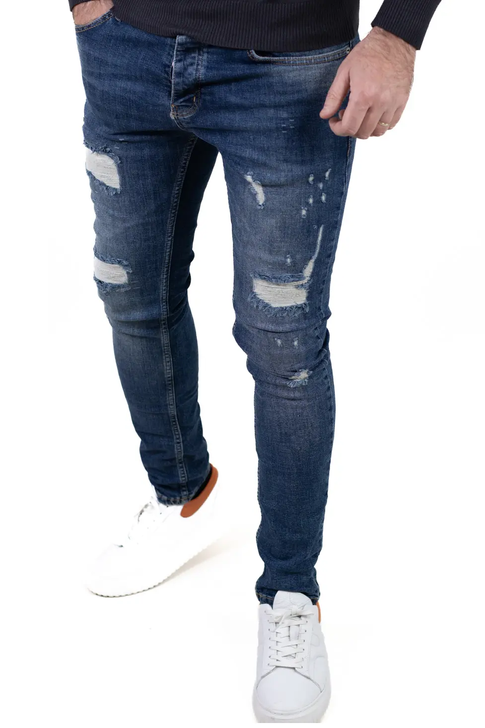 Blugi bărbați regular fit albastru, prespălați, cu rupturi acoperite [4]