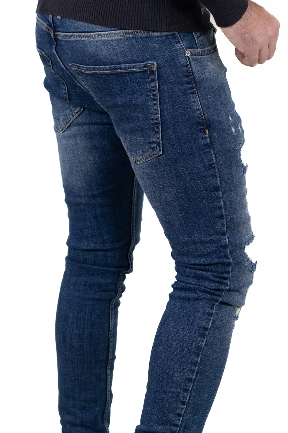 Blugi bărbați regular fit albastru, prespălați, cu rupturi acoperite [6]