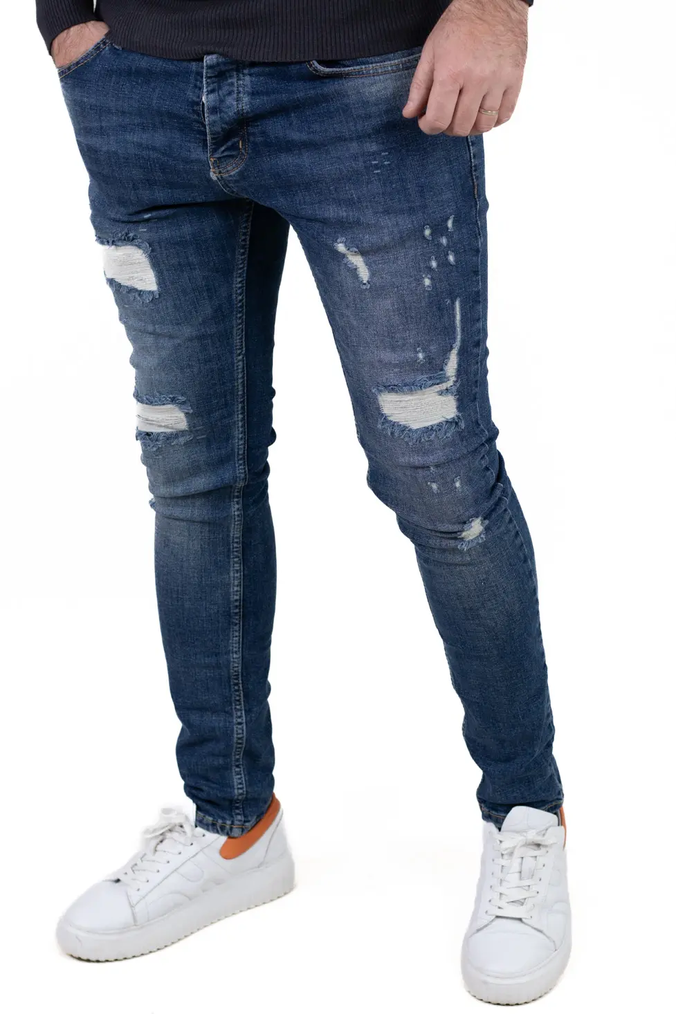 Blugi bărbați regular fit albastru, prespălați, cu rupturi acoperite [3]