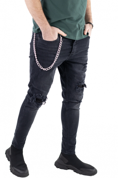 Blugi barbati skinny fit negri cu rupturi si accesoriu [2]