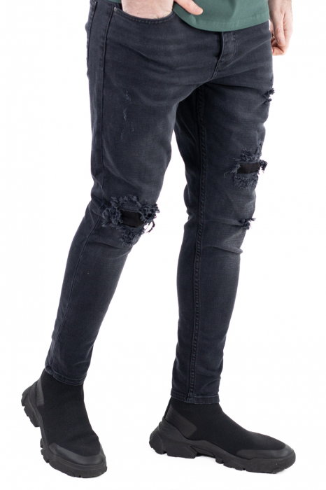 Blugi barbati skinny fit negri cu rupturi si accesoriu [8]