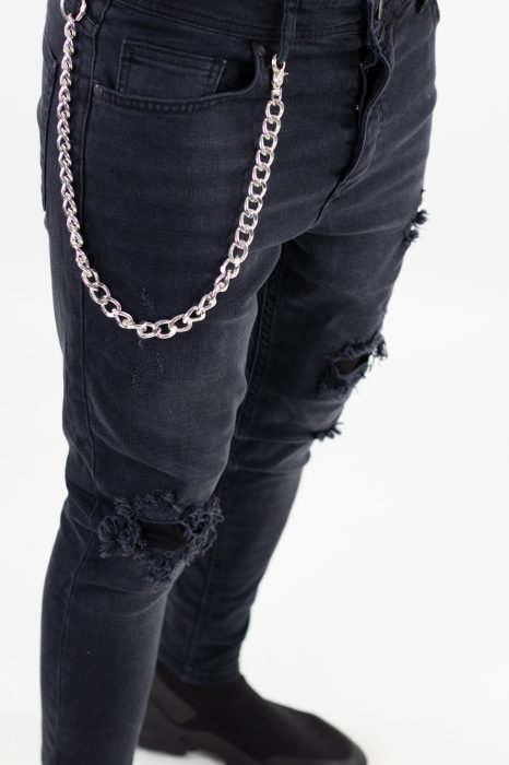 Blugi barbati skinny fit negri cu rupturi si accesoriu [3]