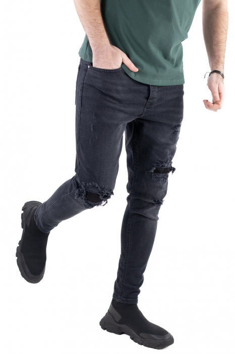 Blugi barbati skinny fit negri cu rupturi si accesoriu [9]