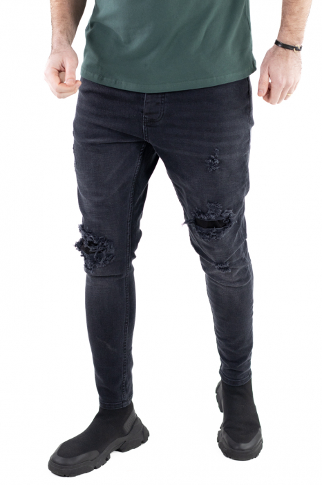 Blugi barbati skinny fit negri cu rupturi si accesoriu [7]
