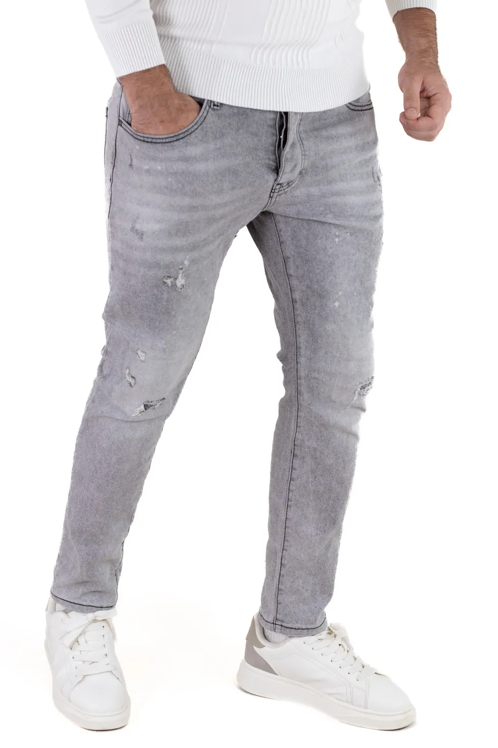 Blugi barbati slim fit – gri deschis cu rupturi mici [2]
