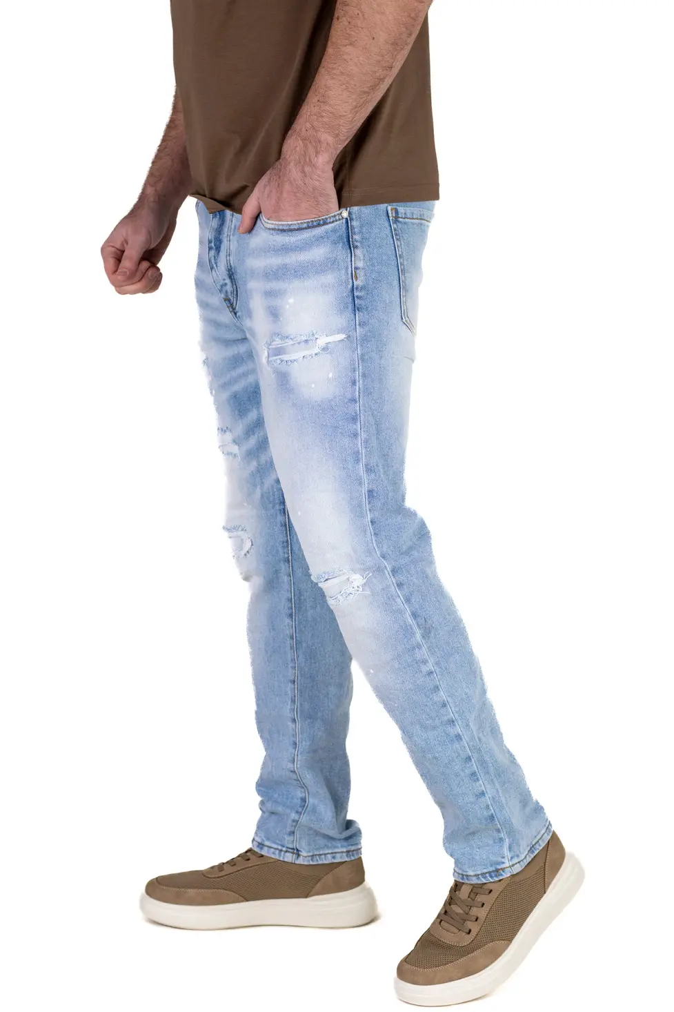 Blugi Bărbați Regular Fit Ice Blue Distressed cu Pete de Vopsea [4]