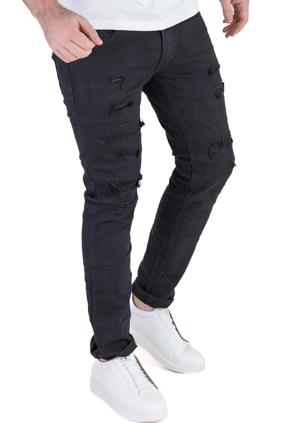Blugi Bărbați Slim Fit Negri, Aspect Destroyed cu Rupturi și Elastan [2]