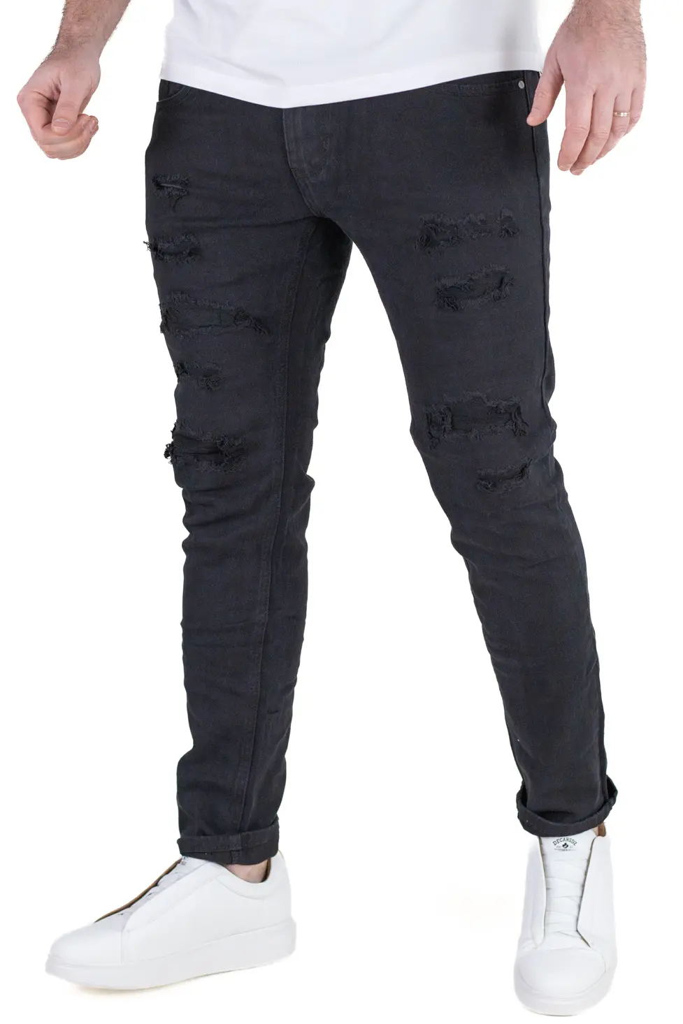 Blugi Bărbați Slim Fit Negri, Aspect Destroyed cu Rupturi și Elastan [4]