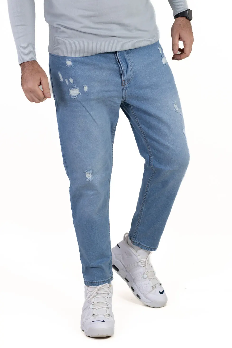 Blugi boyfriend bărbați din bumbac 100%, albastru deschis cu rupturi [4]