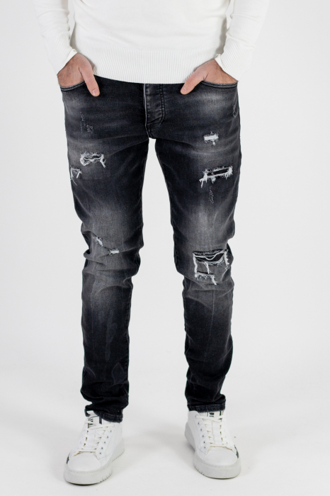 Blugi regular fit negri cu rupturi albe [4]