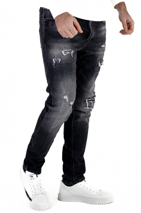 Blugi regular fit negri cu rupturi albe [3]