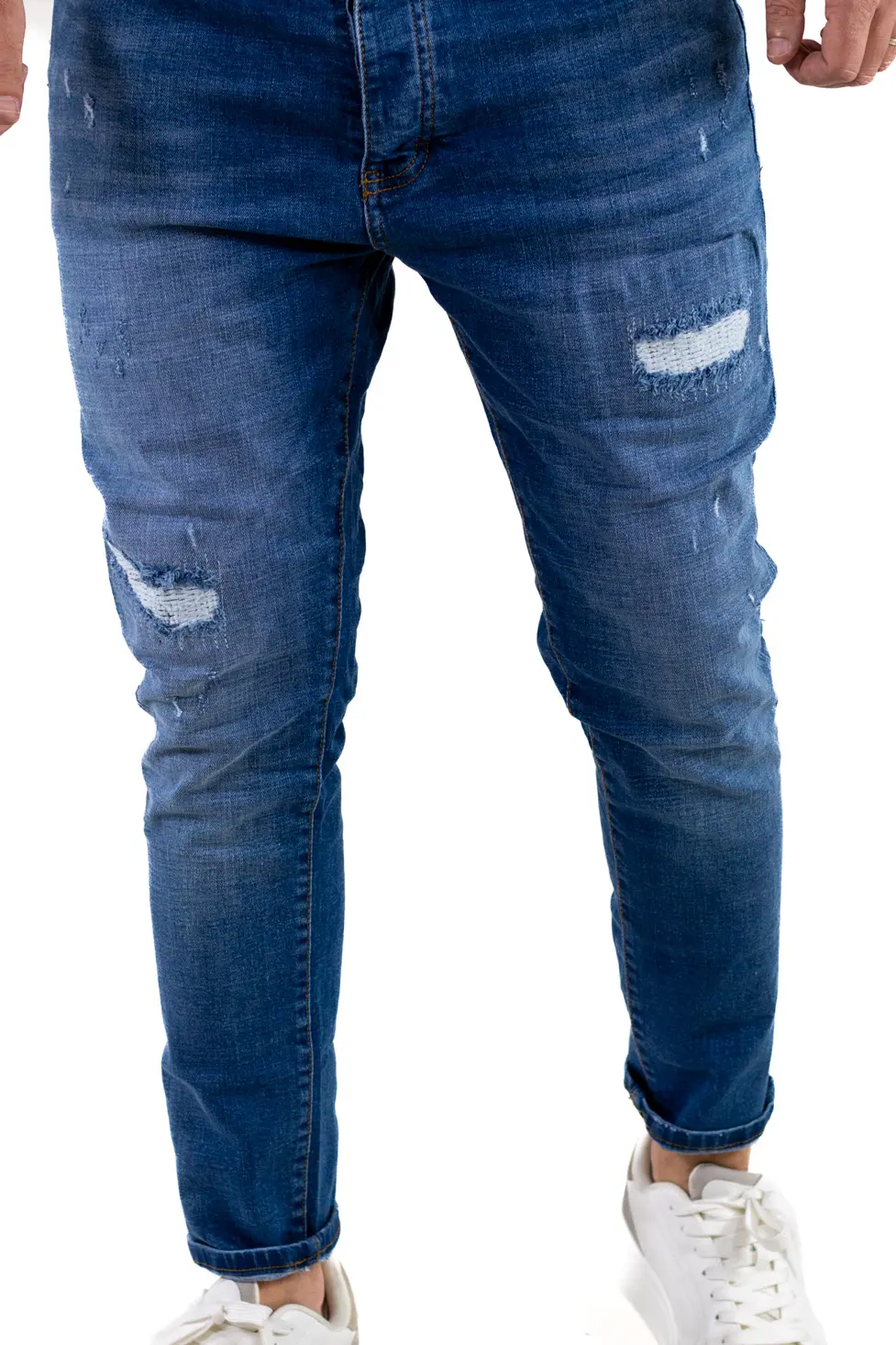 Blugi skinny fit albastri pentru bărbați, cu rupturi albe [3]