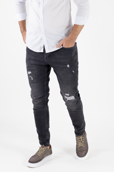 Blugi Skinny Fit pentru Bărbați, Negru Prespălat, cu Rupturi Acoperite [7]