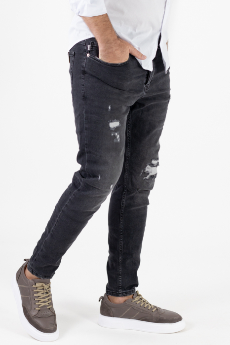 Blugi Skinny Fit pentru Bărbați, Negru Prespălat, cu Rupturi Acoperite [9]