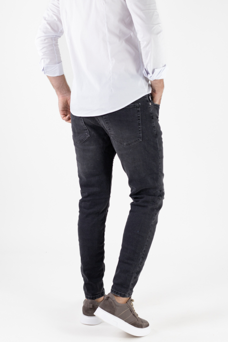 Blugi Skinny Fit pentru Bărbați, Negru Prespălat, cu Rupturi Acoperite [6]