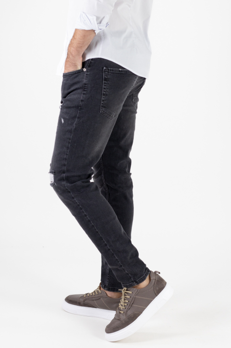 Blugi Skinny Fit pentru Bărbați, Negru Prespălat, cu Rupturi Acoperite [8]