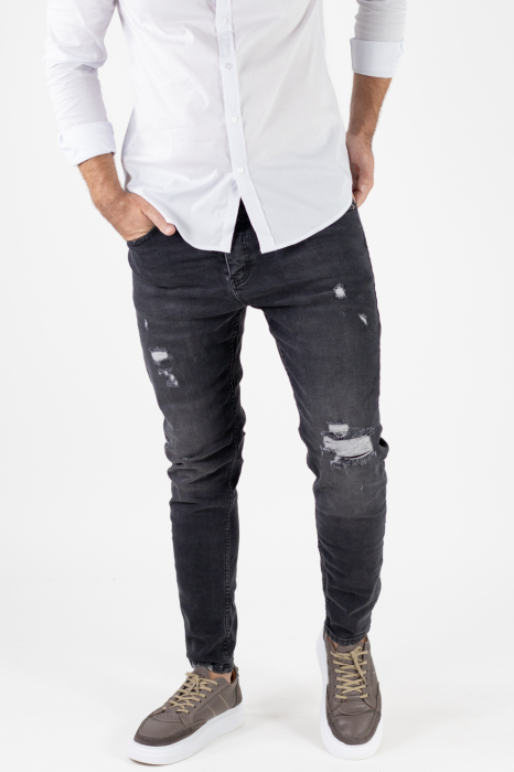 Blugi Skinny Fit pentru Bărbați, Negru Prespălat, cu Rupturi Acoperite [10]