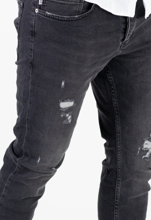 Blugi Skinny Fit pentru Bărbați, Negru Prespălat, cu Rupturi Acoperite [3]