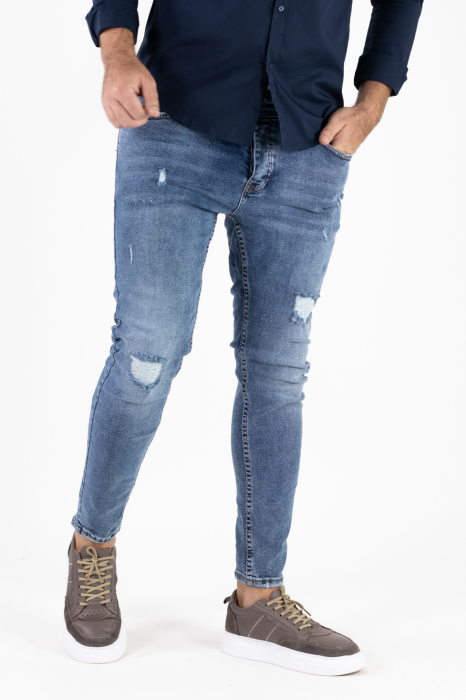 Blugi bărbătești super skinny fit, albastru denim, cu rupturi acoperite și dublură - stil modern și confortabil [8]