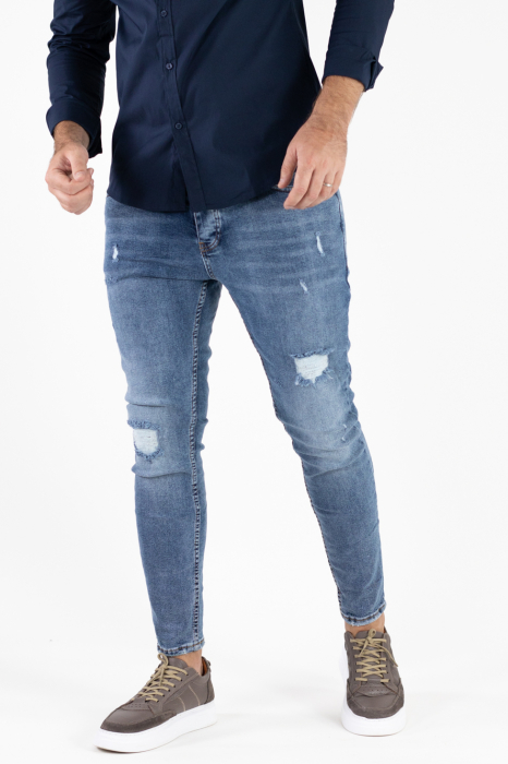 Blugi bărbătești super skinny fit, albastru denim, cu rupturi acoperite și dublură - stil modern și confortabil [3]