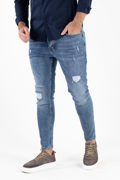 Blugi bărbătești super skinny fit, albastru denim, cu rupturi acoperite și dublură - stil modern și confortabil [7]