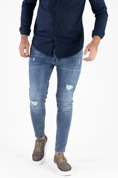 Blugi bărbătești super skinny fit, albastru denim, cu rupturi acoperite și dublură - stil modern și confortabil [5]