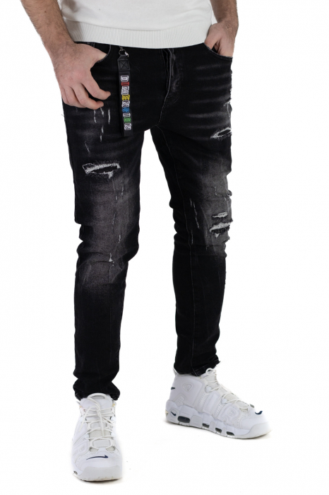 Blugi slim fit negri cu rupturi albe [9]