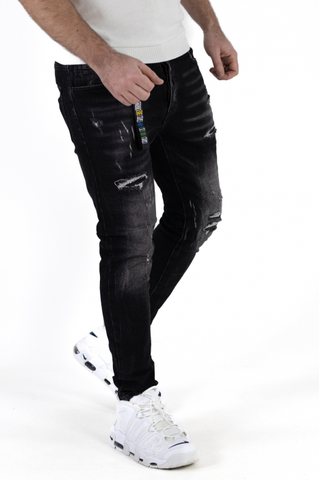 Blugi slim fit negri cu rupturi albe [2]