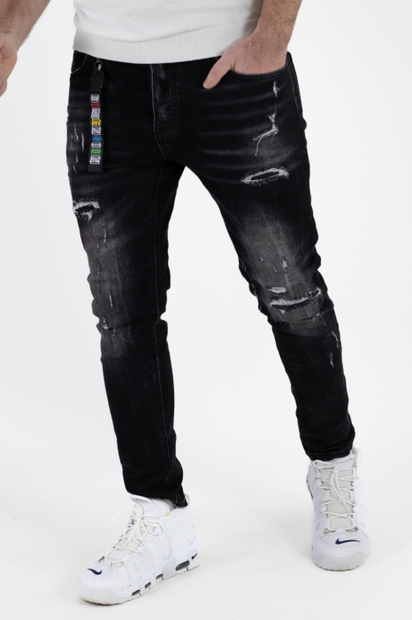 Blugi slim fit negri cu rupturi albe [6]