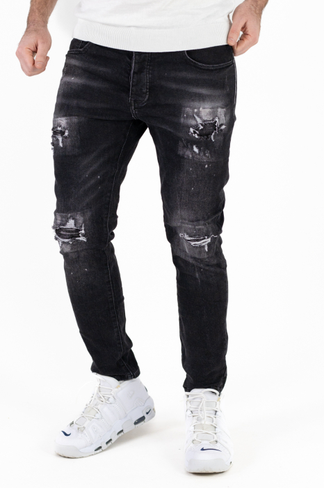 Blugi slim fit negri cu rupturi albe [8]