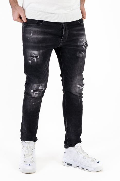 Blugi slim fit negri cu rupturi albe [9]