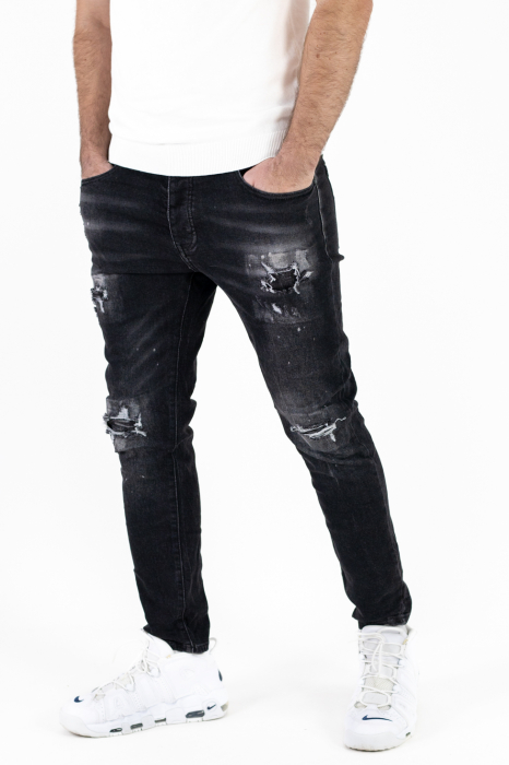 Blugi slim fit negri cu rupturi albe [4]