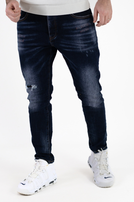 Blugi slim fit indigo cu rupturi negre [5]