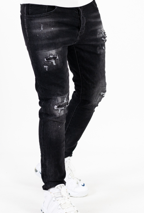 Blugi slim fit negri cu rupturi albe [5]