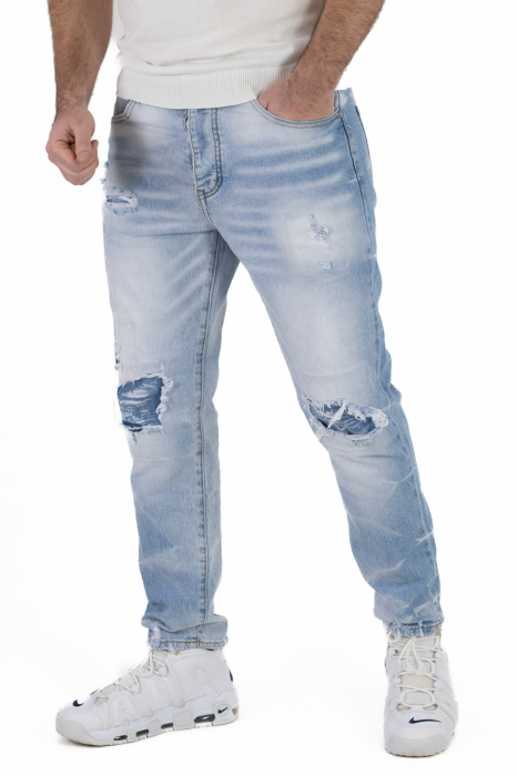Blugi regular fit albastri deschis cu rupturi [8]