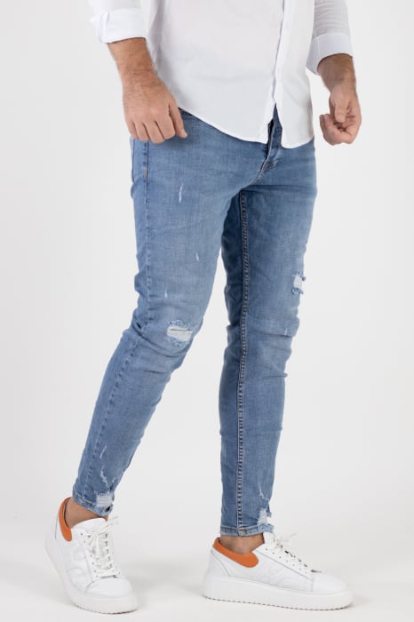 Blugi Skinny Fit cu rupturi acoperite - albastru deschis pentru bărbați [10]