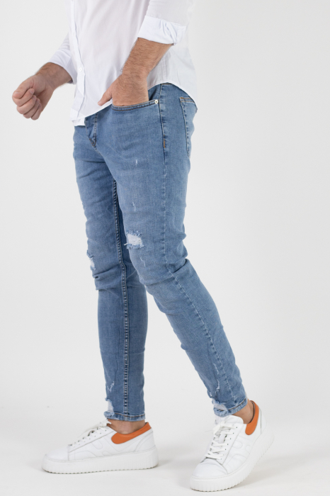 Blugi Skinny Fit cu rupturi acoperite - albastru deschis pentru bărbați [5]