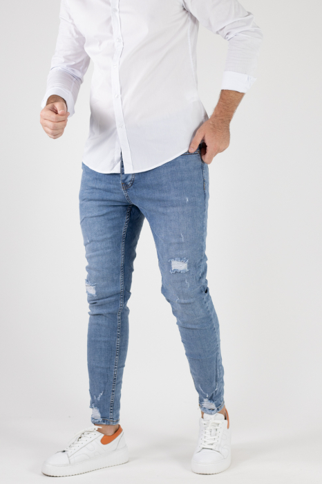 Blugi Skinny Fit cu rupturi acoperite - albastru deschis pentru bărbați [9]