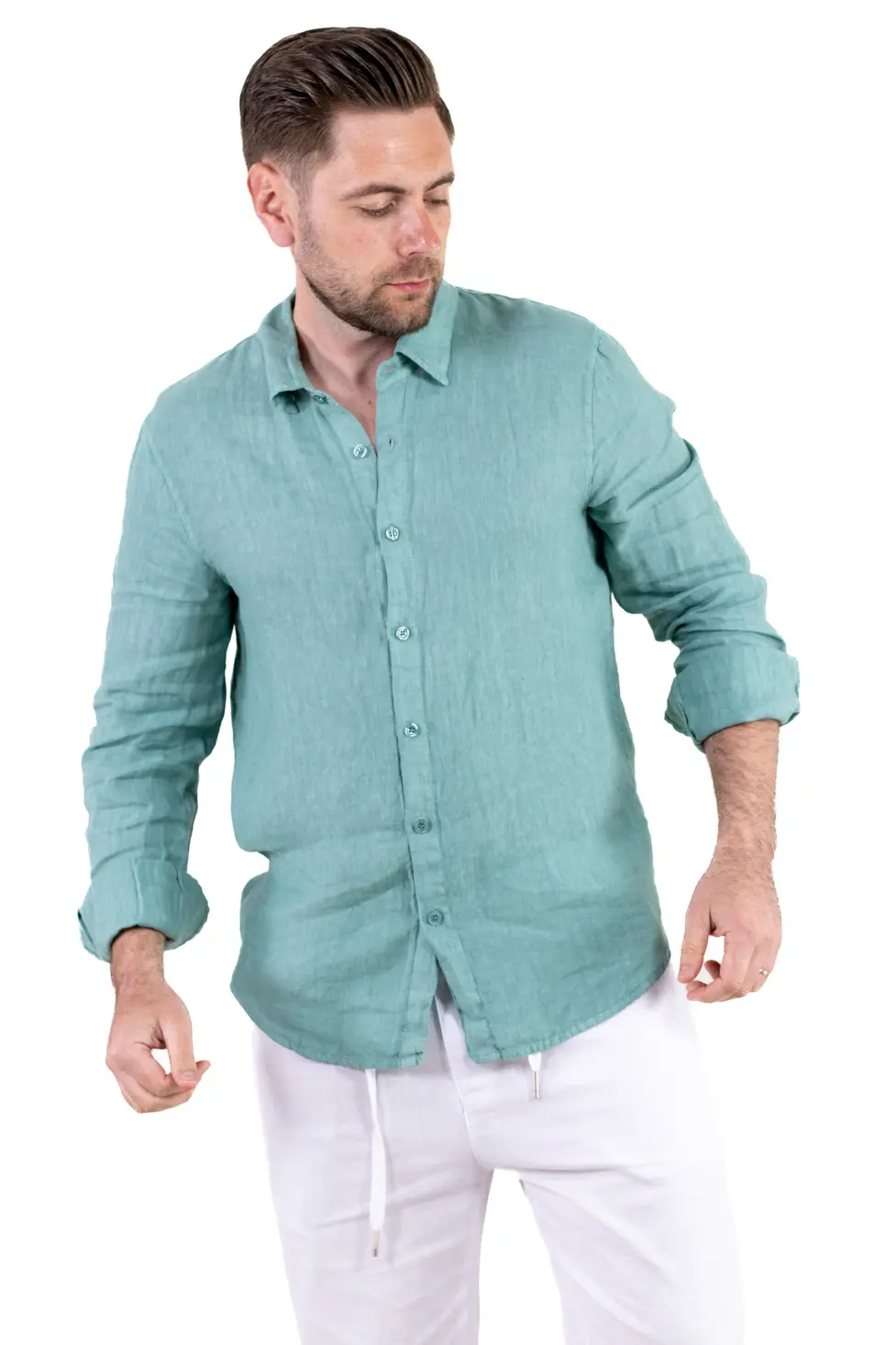 Cămașă verde aqua 100% din in cu guler clasic [2]