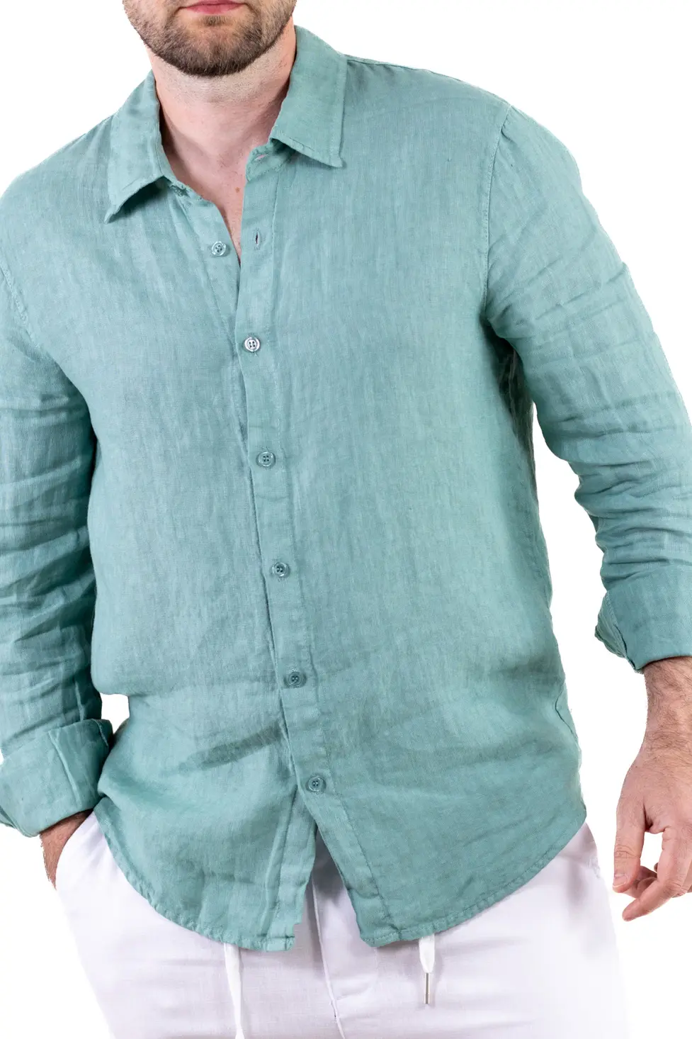 Cămașă verde aqua 100% din in cu guler clasic [7]